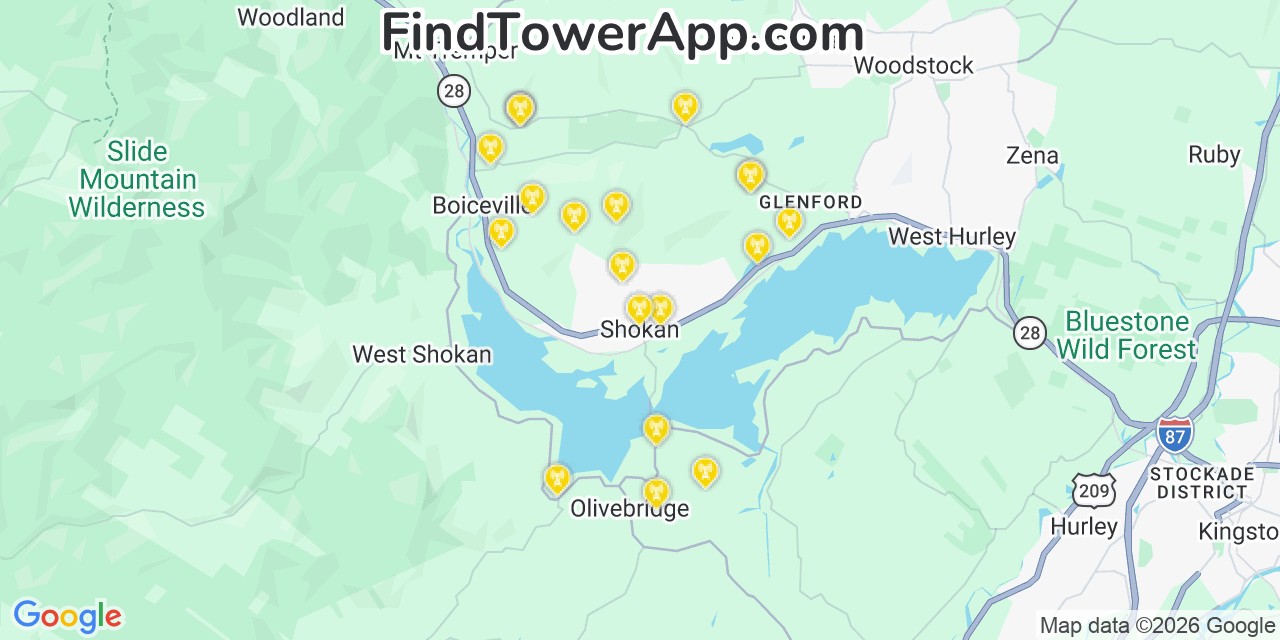 Map showing the 20 primary cell tower locations detected in Shokan, New York from AT&T, Verizon, and T-Mobile networks