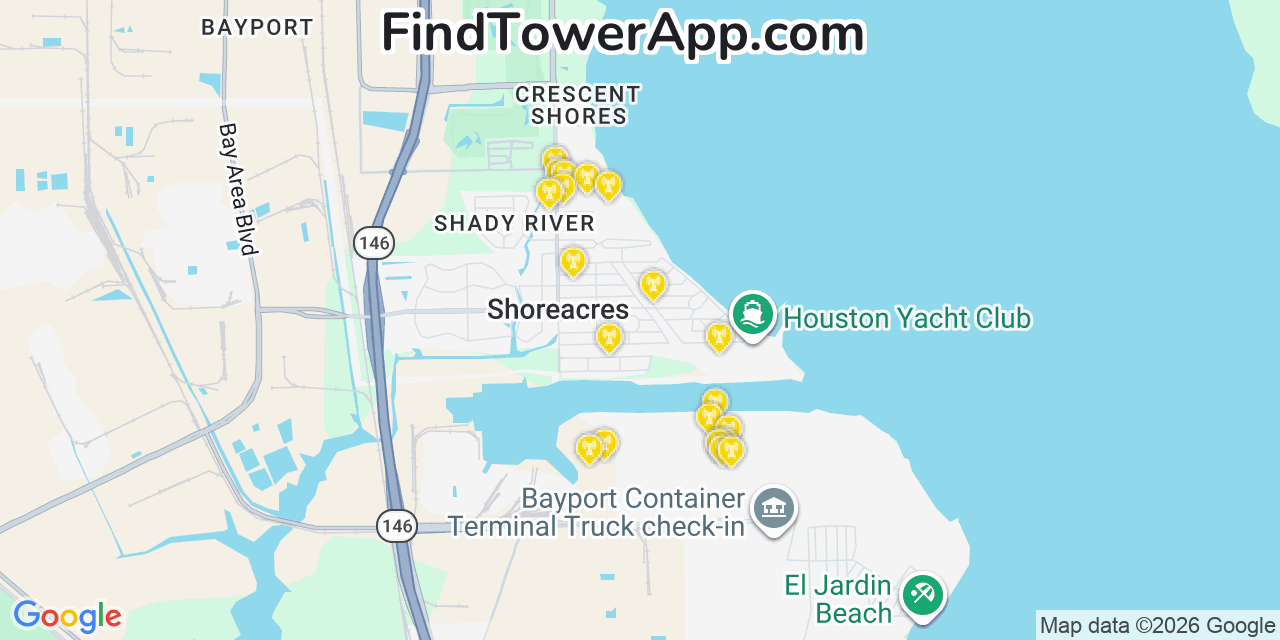 Map showing the 20 primary cell tower locations detected in Shoreacres, Texas from AT&T, Verizon, and T-Mobile networks