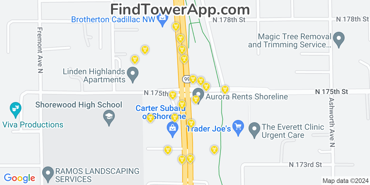 AT&T 4G/5G cell tower coverage map Shoreline, Washington