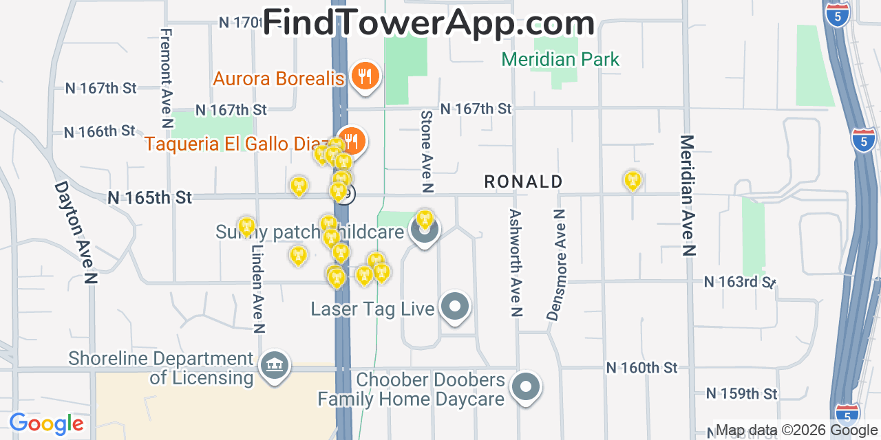 Map showing the 20 primary cell tower locations detected in Shoreline, Washington from AT&T, Verizon, and T-Mobile networks