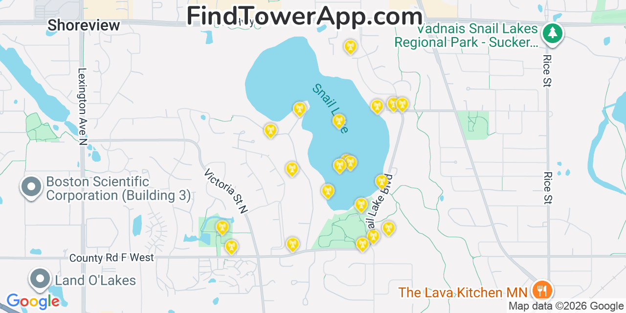 Map showing the 20 primary cell tower locations detected in Shoreview, Minnesota from AT&T, Verizon, and T-Mobile networks