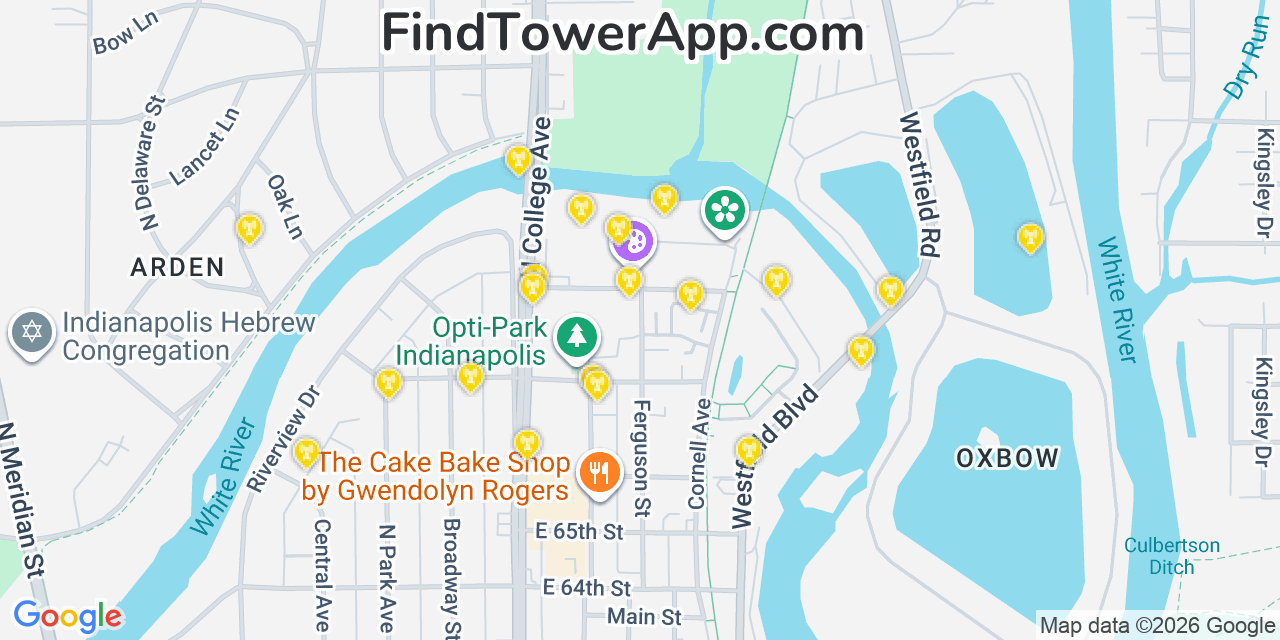Map showing the 20 primary cell tower locations detected in Shorewood Forest, Indiana from AT&T, Verizon, and T-Mobile networks