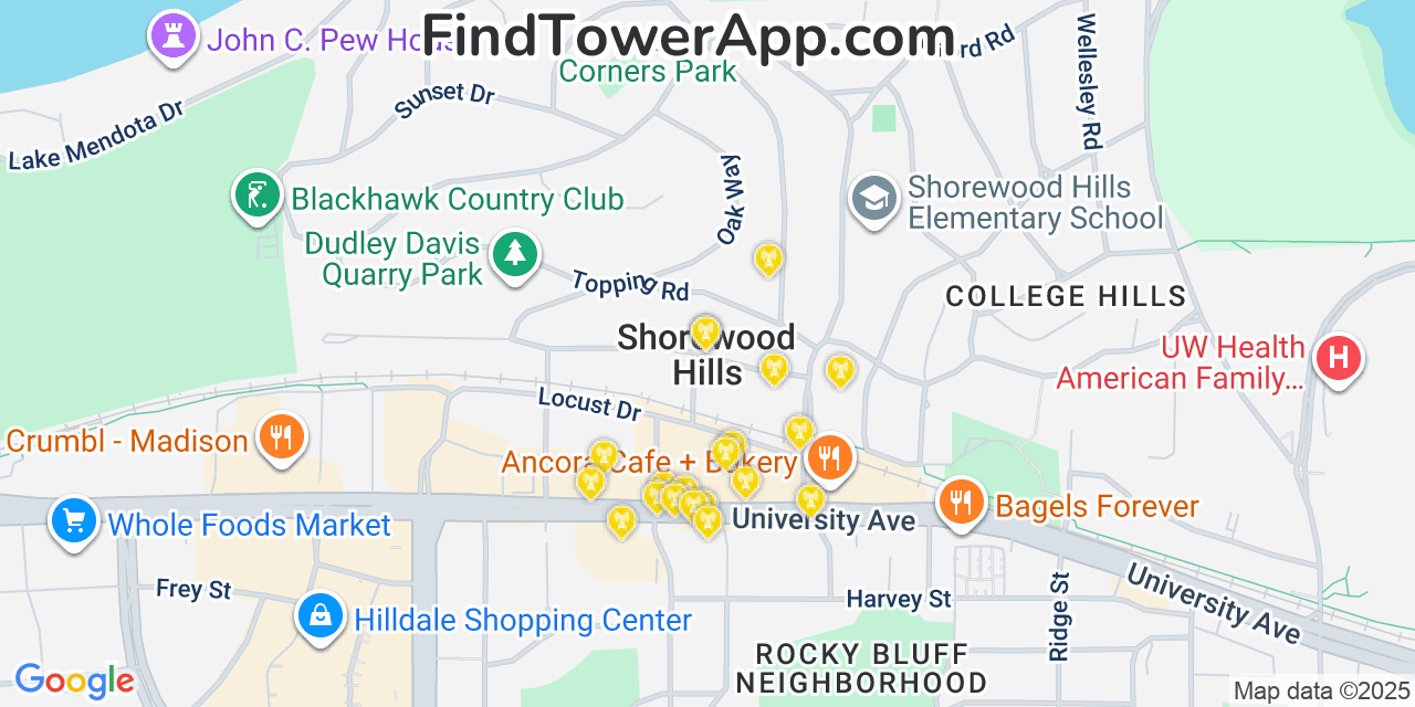 Map showing the 20 primary cell tower locations detected in Shorewood Hills, Wisconsin from AT&T, Verizon, and T-Mobile networks