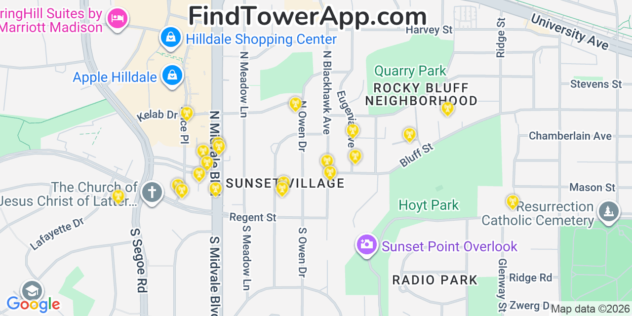 Map showing the 20 primary cell tower locations detected in Shorewood Hills, Wisconsin from AT&T, Verizon, and T-Mobile networks