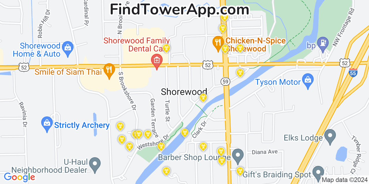 AT&T 4G/5G cell tower coverage map Shorewood, Illinois