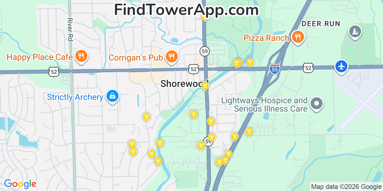Map showing the 20 primary cell tower locations detected in Shorewood, Illinois from AT&T, Verizon, and T-Mobile networks