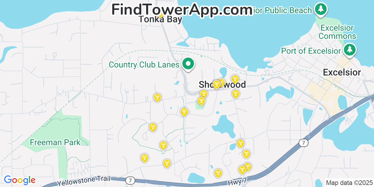Map showing the 20 primary cell tower locations detected in Shorewood, Minnesota from AT&T, Verizon, and T-Mobile networks