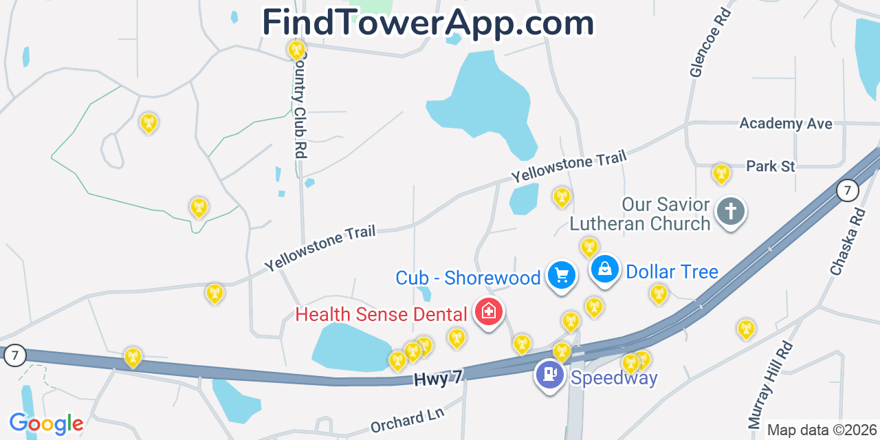 Map showing the 20 primary cell tower locations detected in Shorewood, Minnesota from AT&T, Verizon, and T-Mobile networks