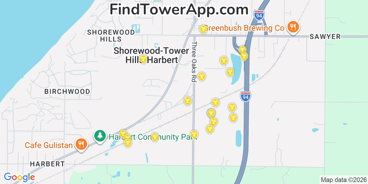 Map showing the 20 primary cell tower locations detected in Shorewood Tower Hills Harbert, Michigan from AT&T, Verizon, and T-Mobile networks