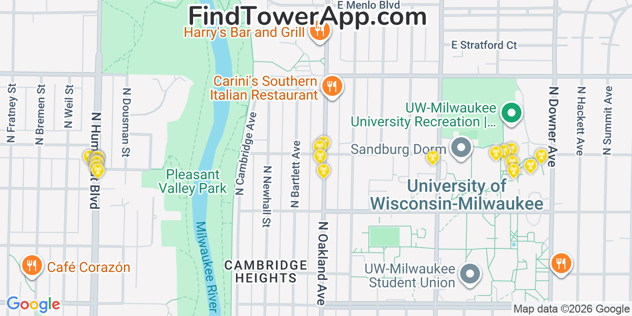 Map showing the 20 primary cell tower locations detected in Shorewood, Wisconsin from AT&T, Verizon, and T-Mobile networks