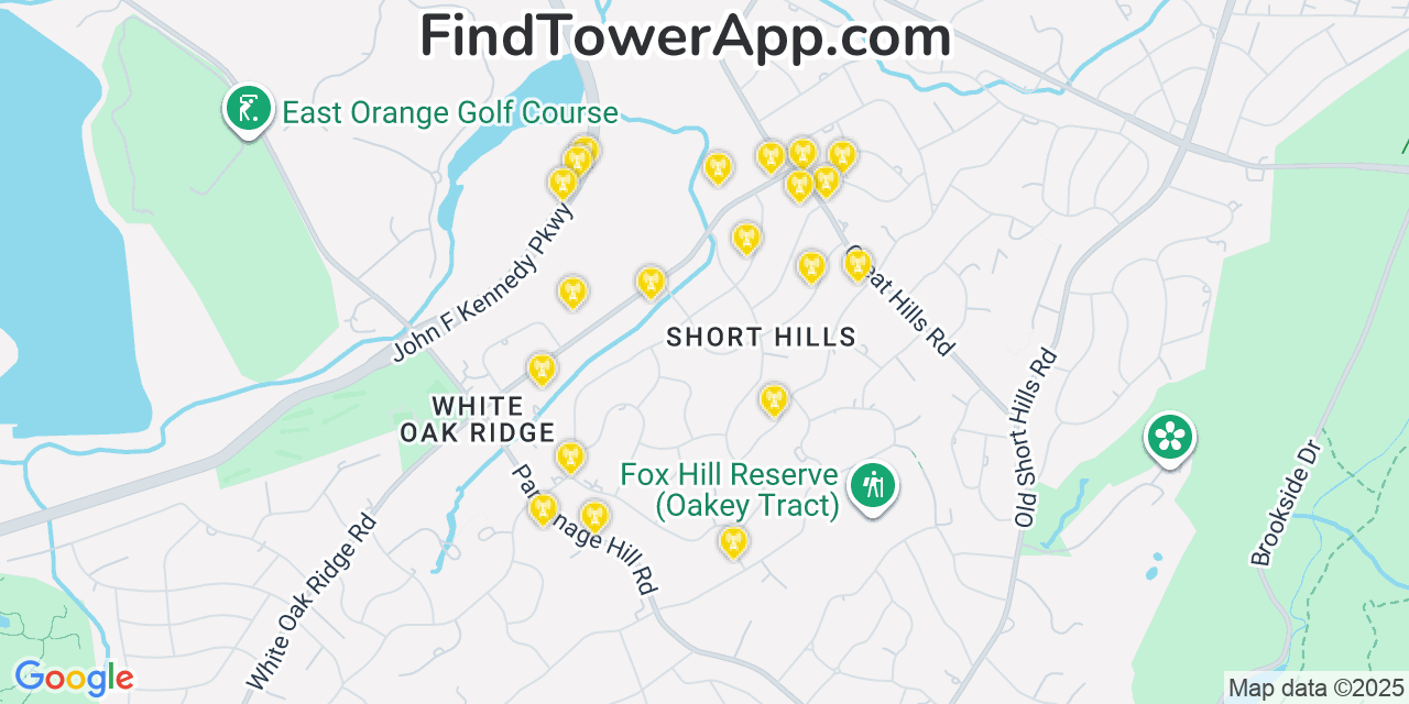 Map showing the 20 primary cell tower locations detected in Short Hills, New Jersey from AT&T, Verizon, and T-Mobile networks