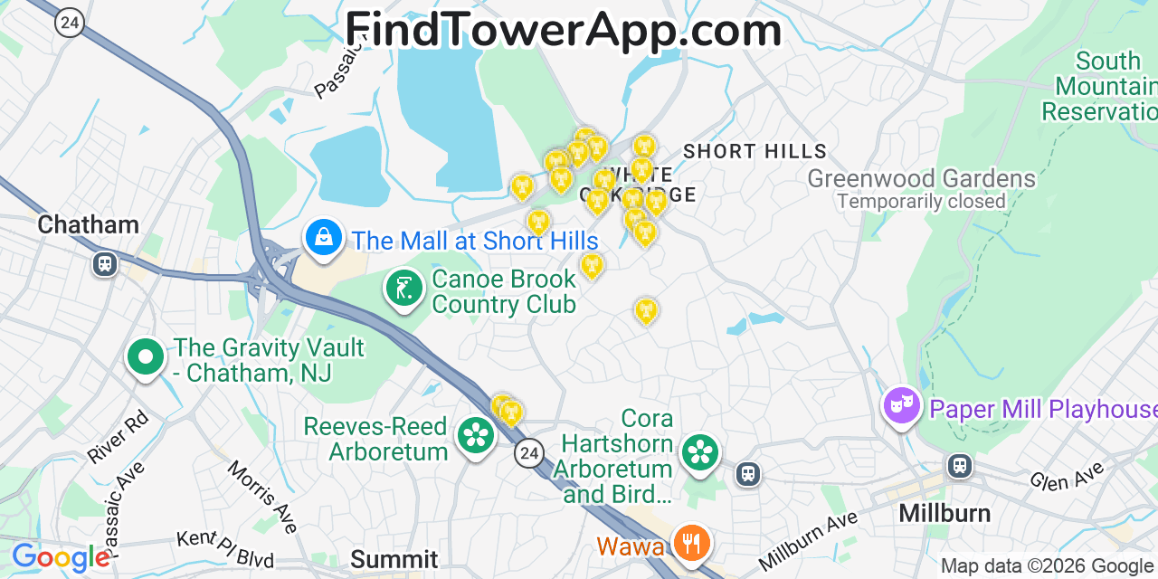 Map showing the 20 primary cell tower locations detected in Short Hills, New Jersey from AT&T, Verizon, and T-Mobile networks