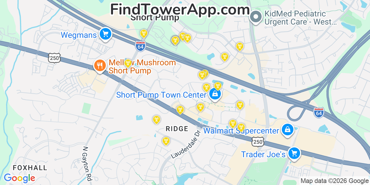 Map showing the 20 primary cell tower locations detected in Short Pump, Virginia from AT&T, Verizon, and T-Mobile networks