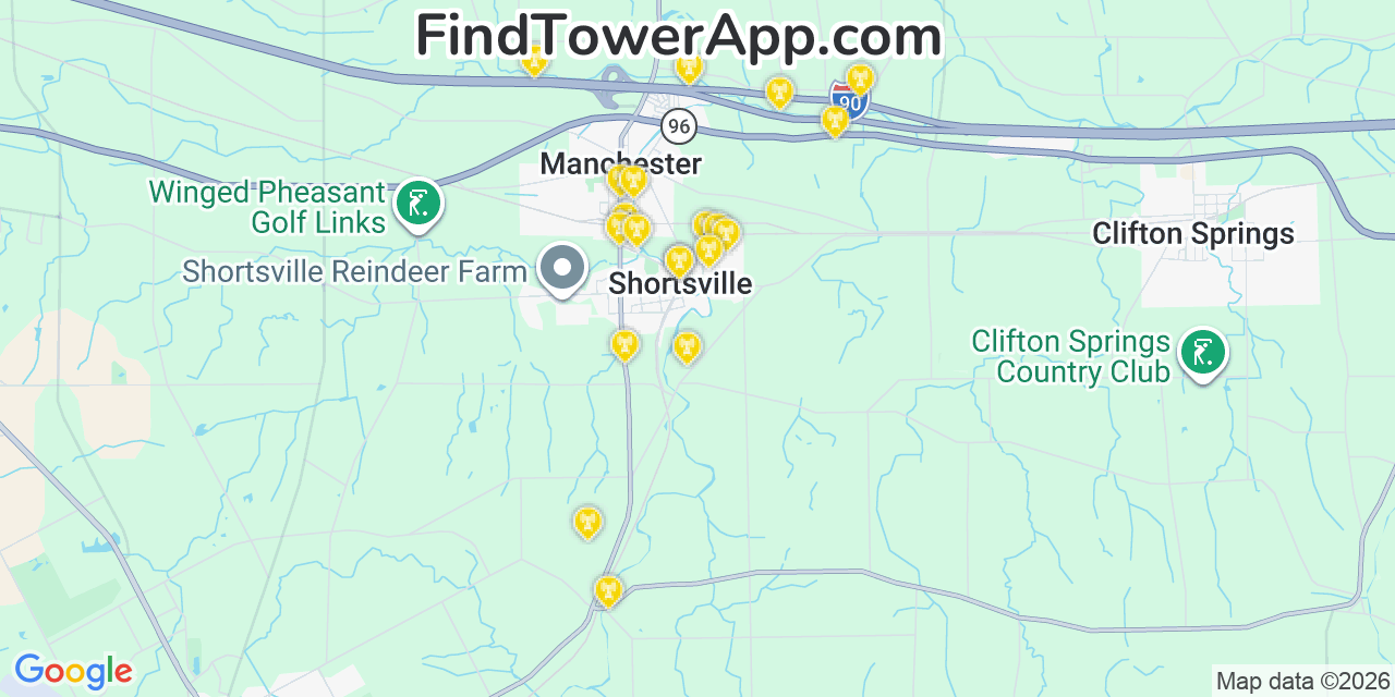 Map showing the 20 primary cell tower locations detected in Shortsville, New York from AT&T, Verizon, and T-Mobile networks