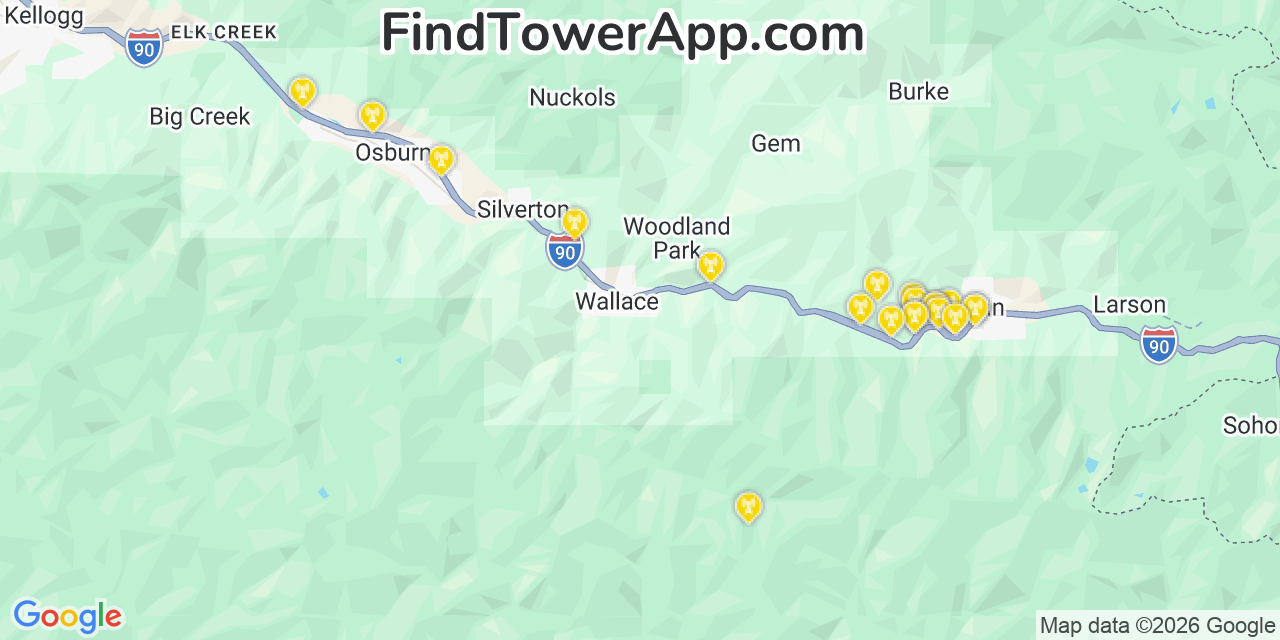 Map showing the 20 primary cell tower locations detected in Shoshone, Idaho from AT&T, Verizon, and T-Mobile networks