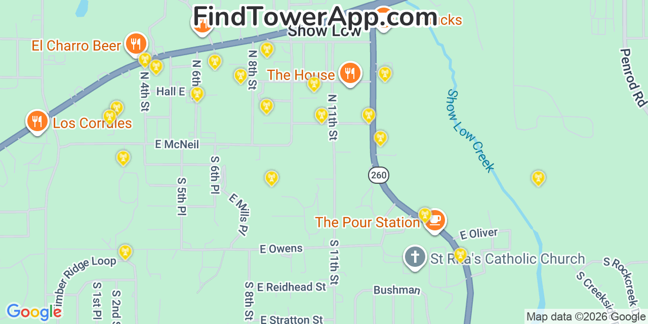 Map showing the 20 primary cell tower locations detected in Show Low, Arizona from AT&T, Verizon, and T-Mobile networks