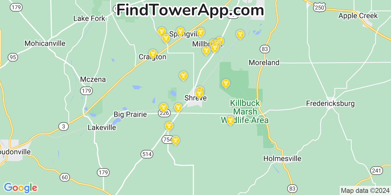 AT&T 4G/5G cell tower coverage map Shreve, Ohio