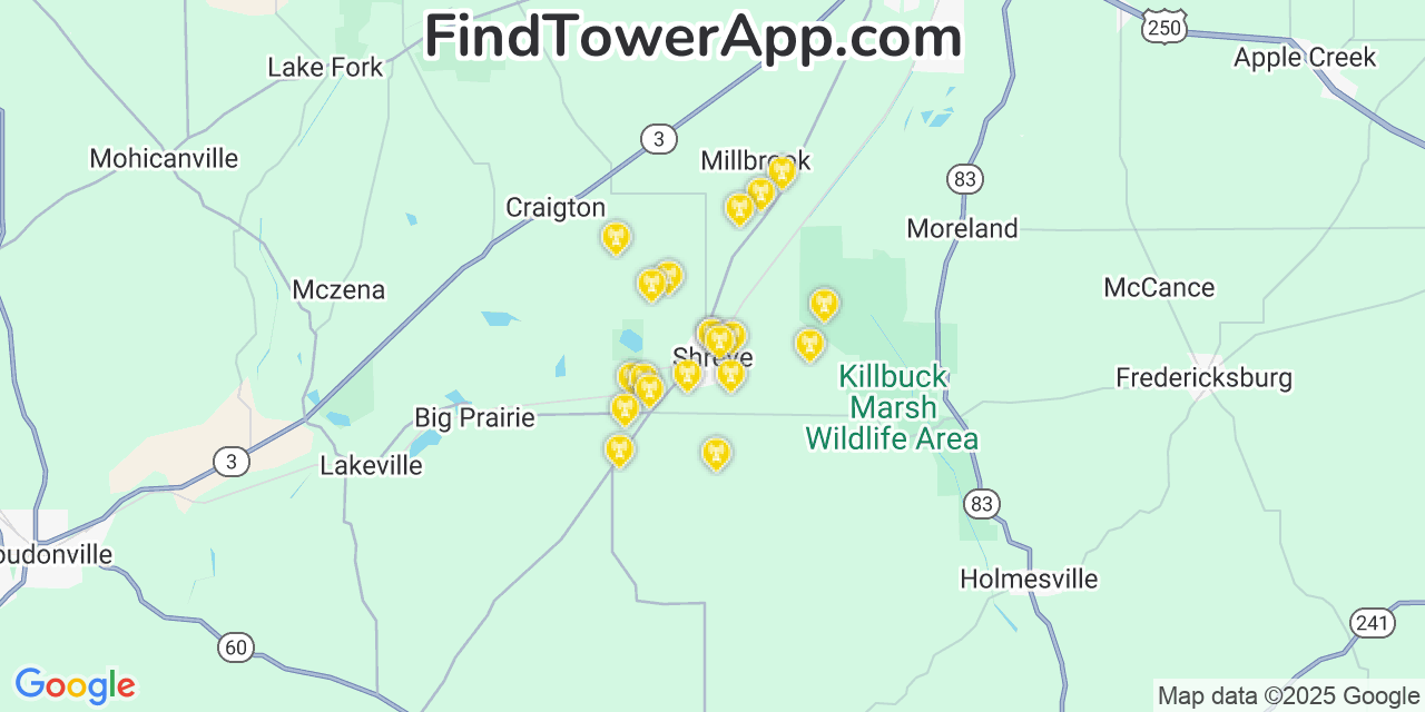 Map showing the 20 primary cell tower locations detected in Shreve, Ohio from AT&T, Verizon, and T-Mobile networks