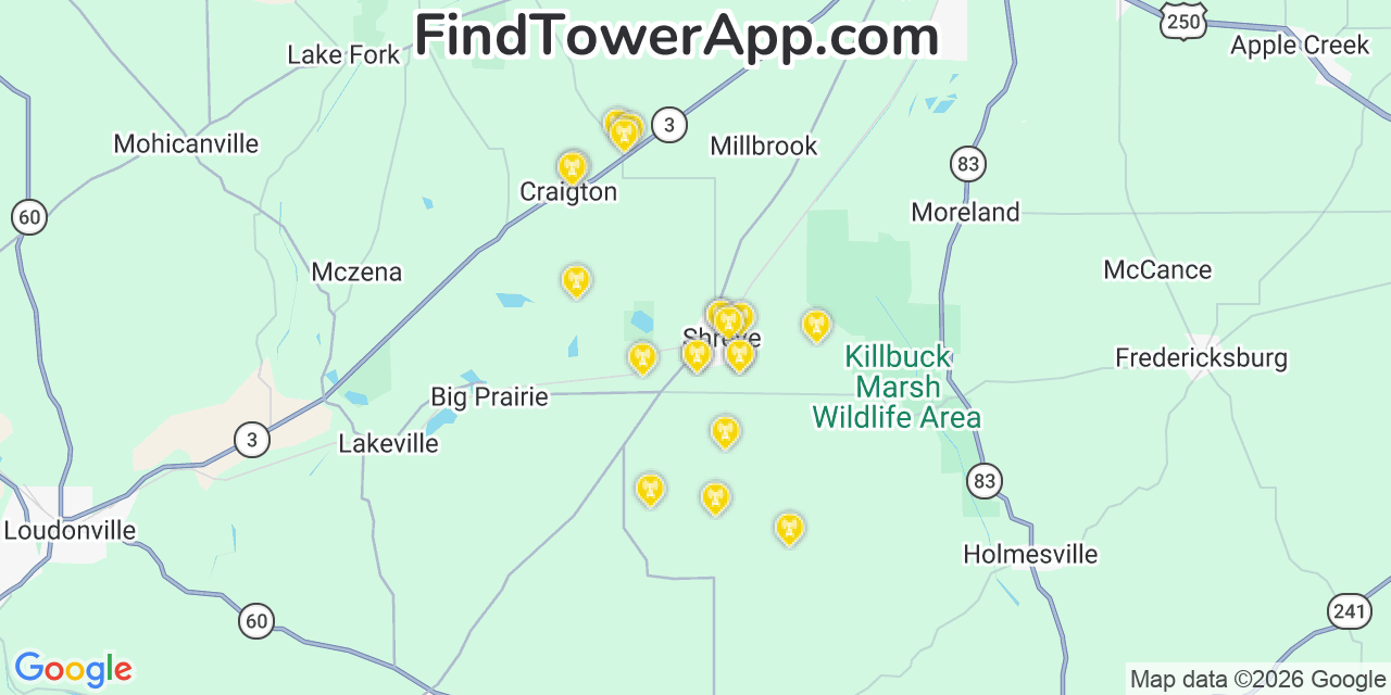 Map showing the 20 primary cell tower locations detected in Shreve, Ohio from AT&T, Verizon, and T-Mobile networks
