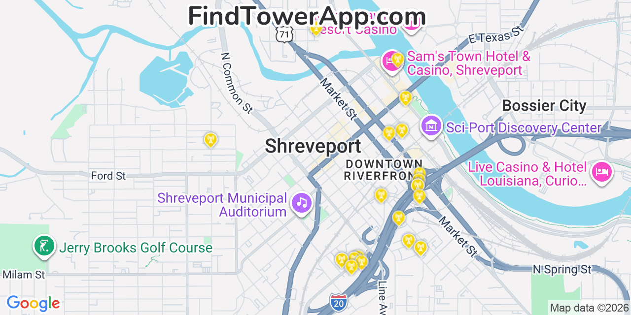 Map showing the 20 primary cell tower locations detected in Shreveport, Louisiana from AT&T, Verizon, and T-Mobile networks