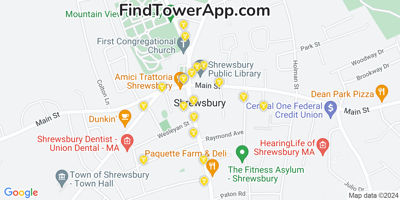 AT&T 4G/5G cell tower coverage map Shrewsbury, Massachusetts