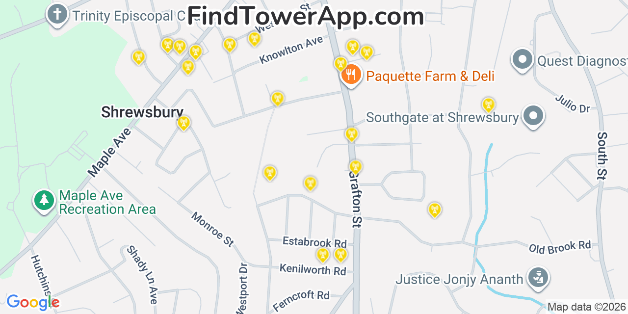 Map showing the 20 primary cell tower locations detected in Shrewsbury, Massachusetts from AT&T, Verizon, and T-Mobile networks