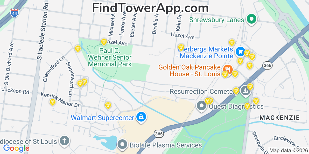 Map showing the 20 primary cell tower locations detected in Shrewsbury, Missouri from AT&T, Verizon, and T-Mobile networks