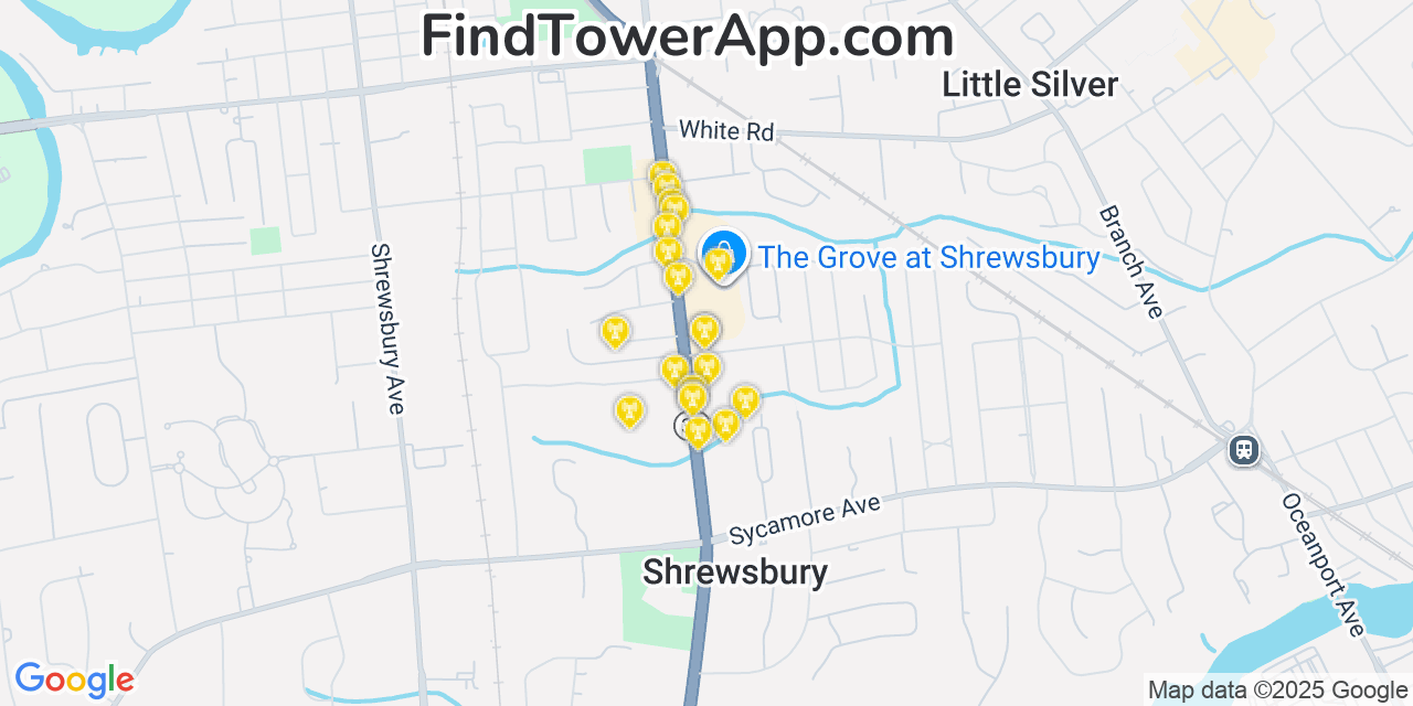 Map showing the 20 primary cell tower locations detected in Shrewsbury, New Jersey from AT&T, Verizon, and T-Mobile networks
