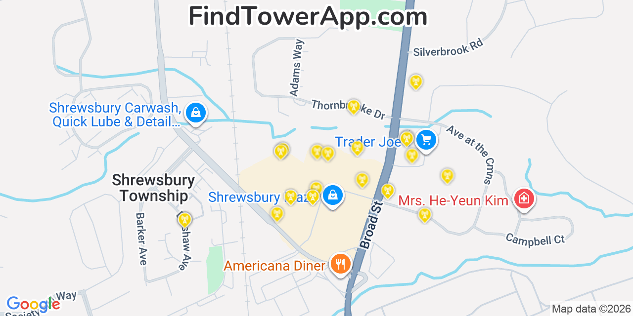 Map showing the 20 primary cell tower locations detected in Shrewsbury, New Jersey from AT&T, Verizon, and T-Mobile networks