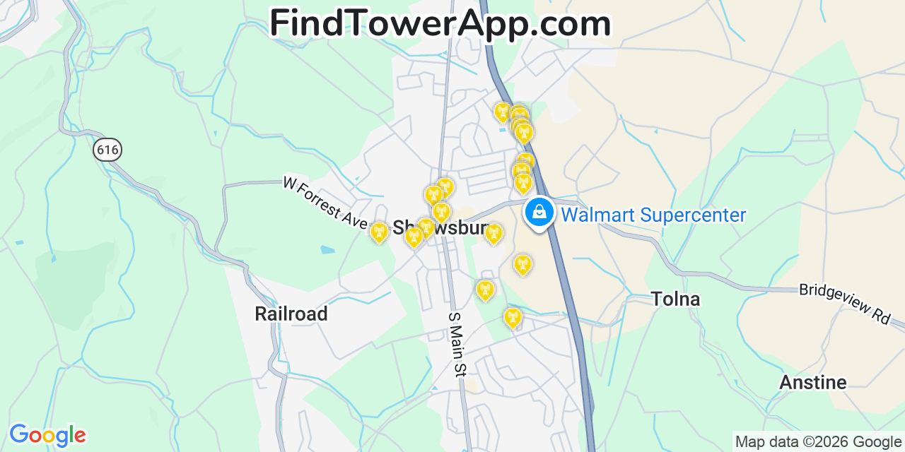 Map showing the 20 primary cell tower locations detected in Shrewsbury, Pennsylvania from AT&T, Verizon, and T-Mobile networks
