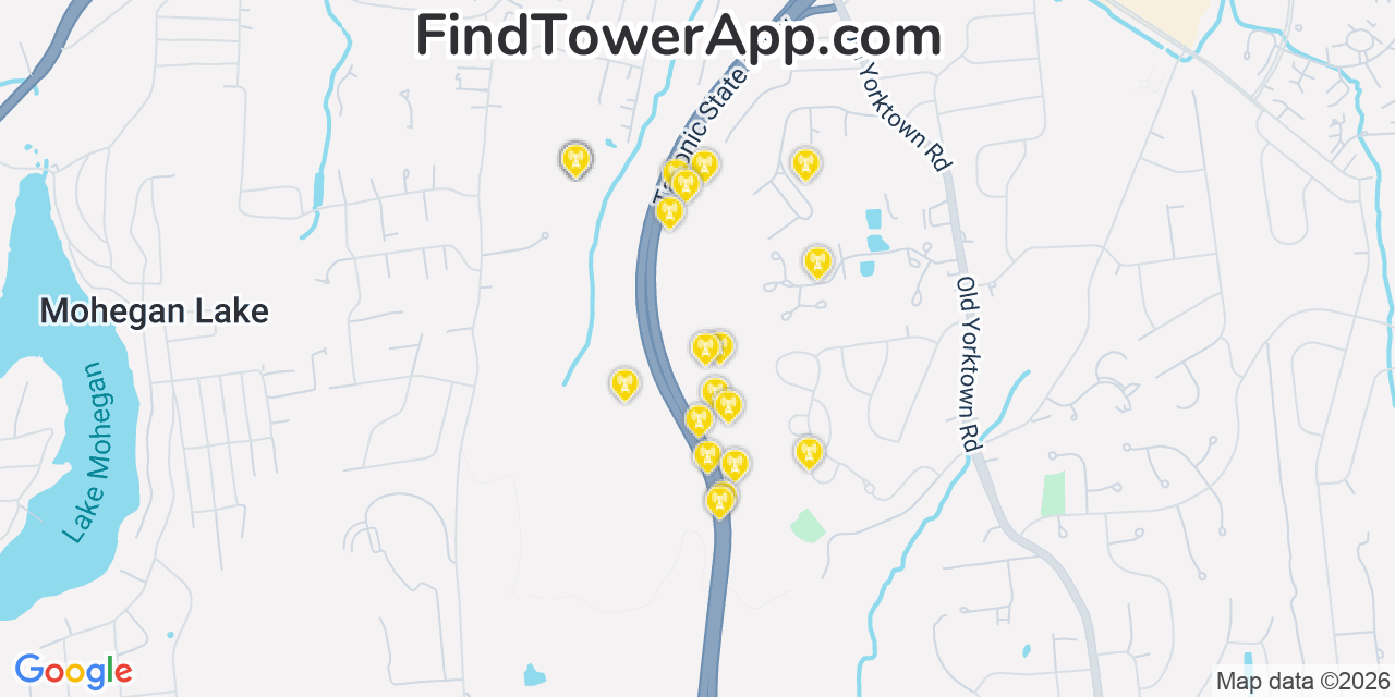 Map showing the 20 primary cell tower locations detected in Shrub Oak, New York from AT&T, Verizon, and T-Mobile networks