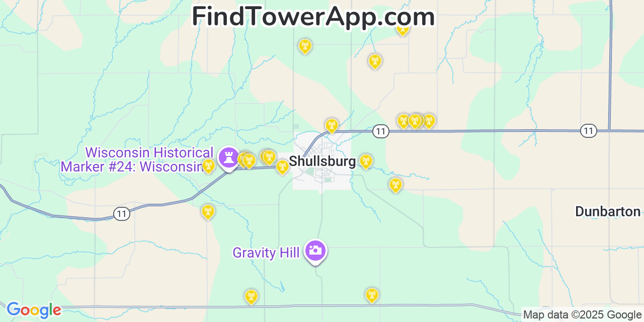 Map showing the 20 primary cell tower locations detected in Shullsburg, Wisconsin from AT&T, Verizon, and T-Mobile networks