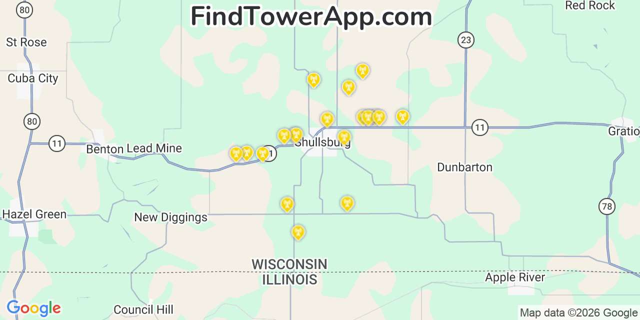 Map showing the 20 primary cell tower locations detected in Shullsburg, Wisconsin from AT&T, Verizon, and T-Mobile networks