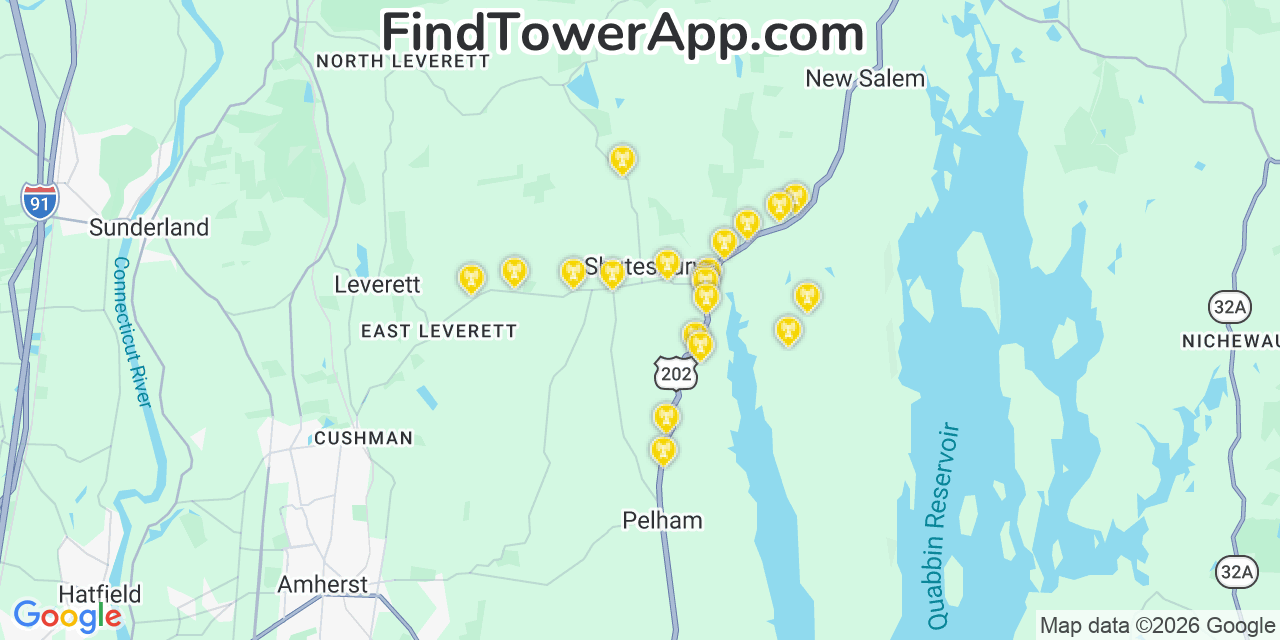 Map showing the 20 primary cell tower locations detected in Shutesbury, Massachusetts from AT&T, Verizon, and T-Mobile networks