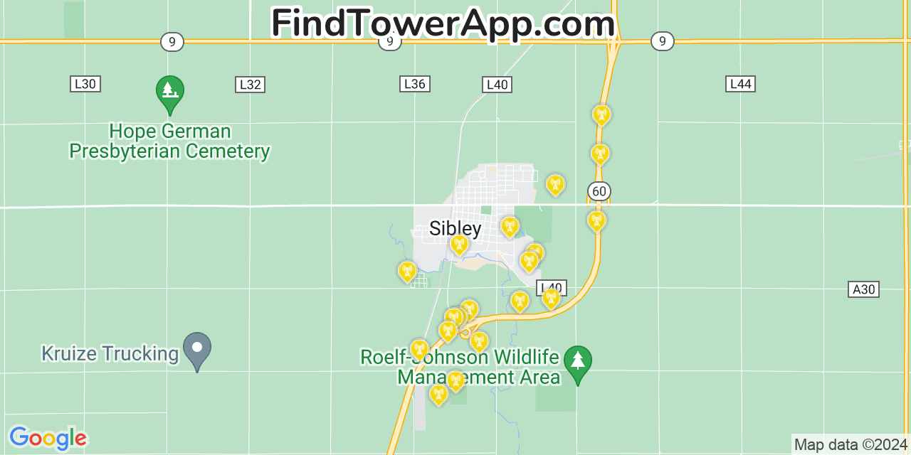 AT&T 4G/5G cell tower coverage map Sibley, Iowa