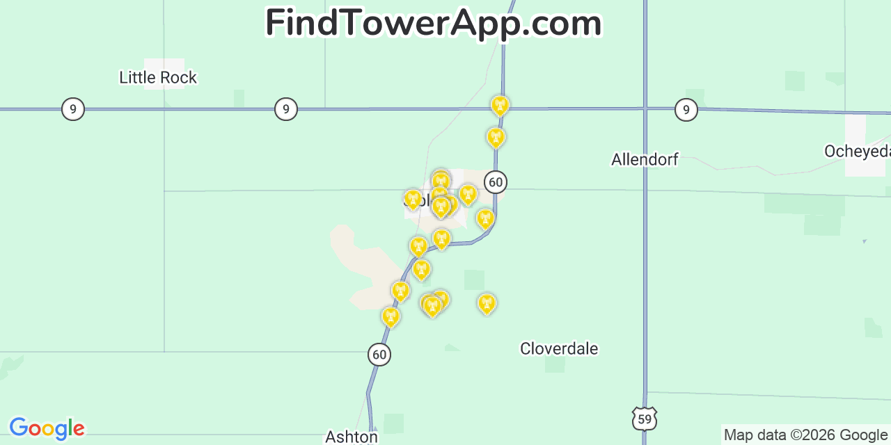 Map showing the 20 primary cell tower locations detected in Sibley, Iowa from AT&T, Verizon, and T-Mobile networks