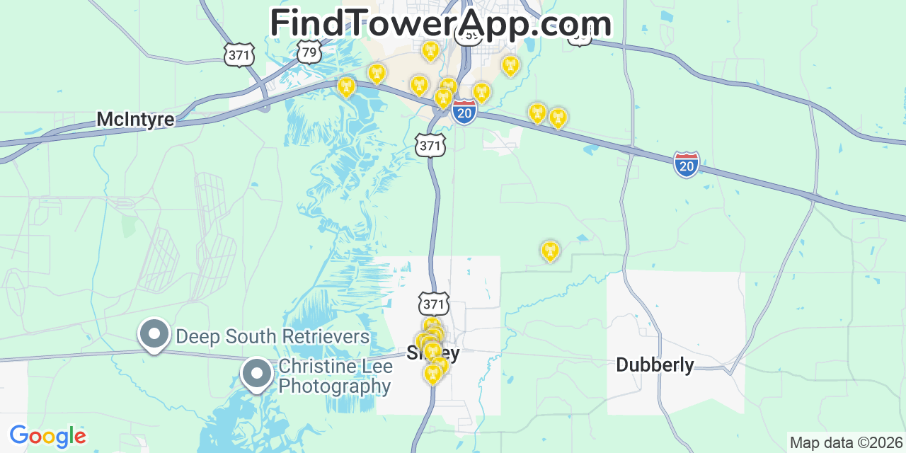 Map showing the 20 primary cell tower locations detected in Sibley, Louisiana from AT&T, Verizon, and T-Mobile networks