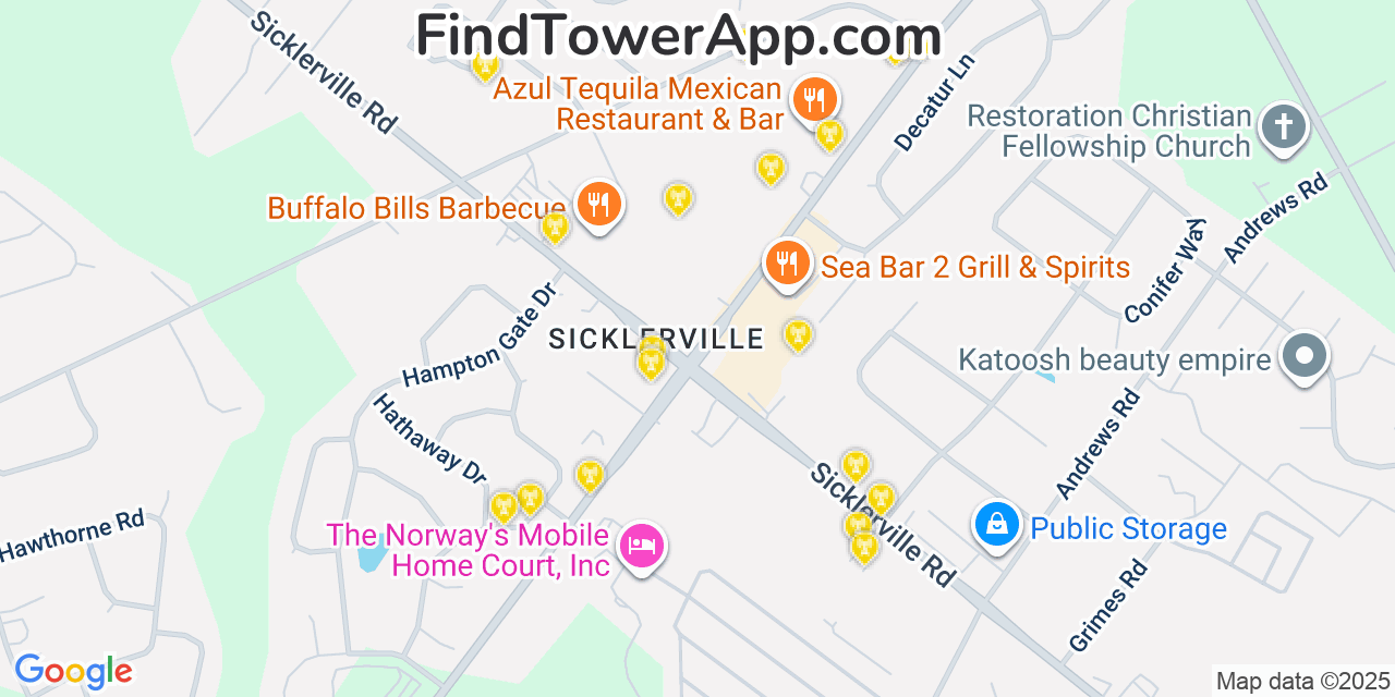 Map showing the 20 primary cell tower locations detected in Sicklerville, New Jersey from AT&T, Verizon, and T-Mobile networks