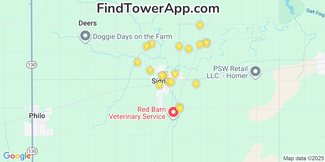 Map showing the 20 primary cell tower locations detected in Sidney, Illinois from AT&T, Verizon, and T-Mobile networks
