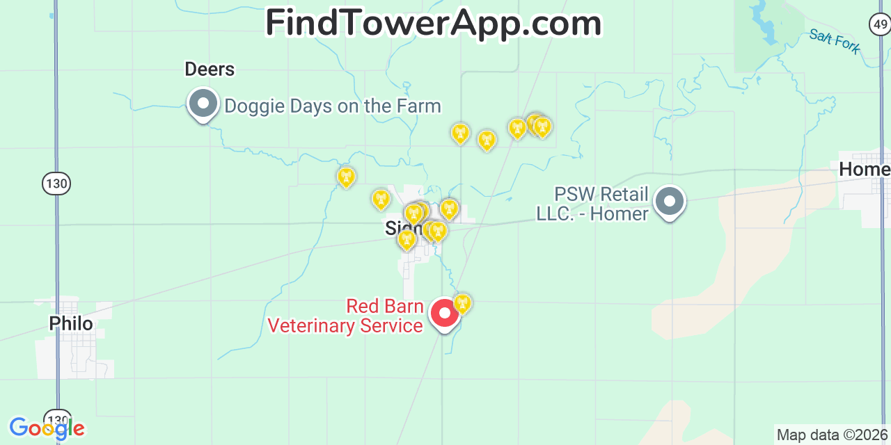 Map showing the 20 primary cell tower locations detected in Sidney, Illinois from AT&T, Verizon, and T-Mobile networks