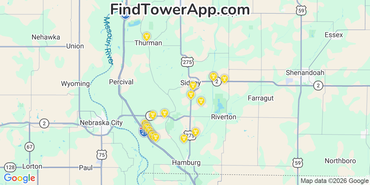 Map showing the 20 primary cell tower locations detected in Sidney, Iowa from AT&T, Verizon, and T-Mobile networks