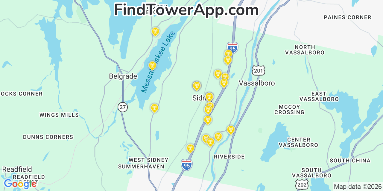 Map showing the 20 primary cell tower locations detected in Sidney, Maine from AT&T, Verizon, and T-Mobile networks