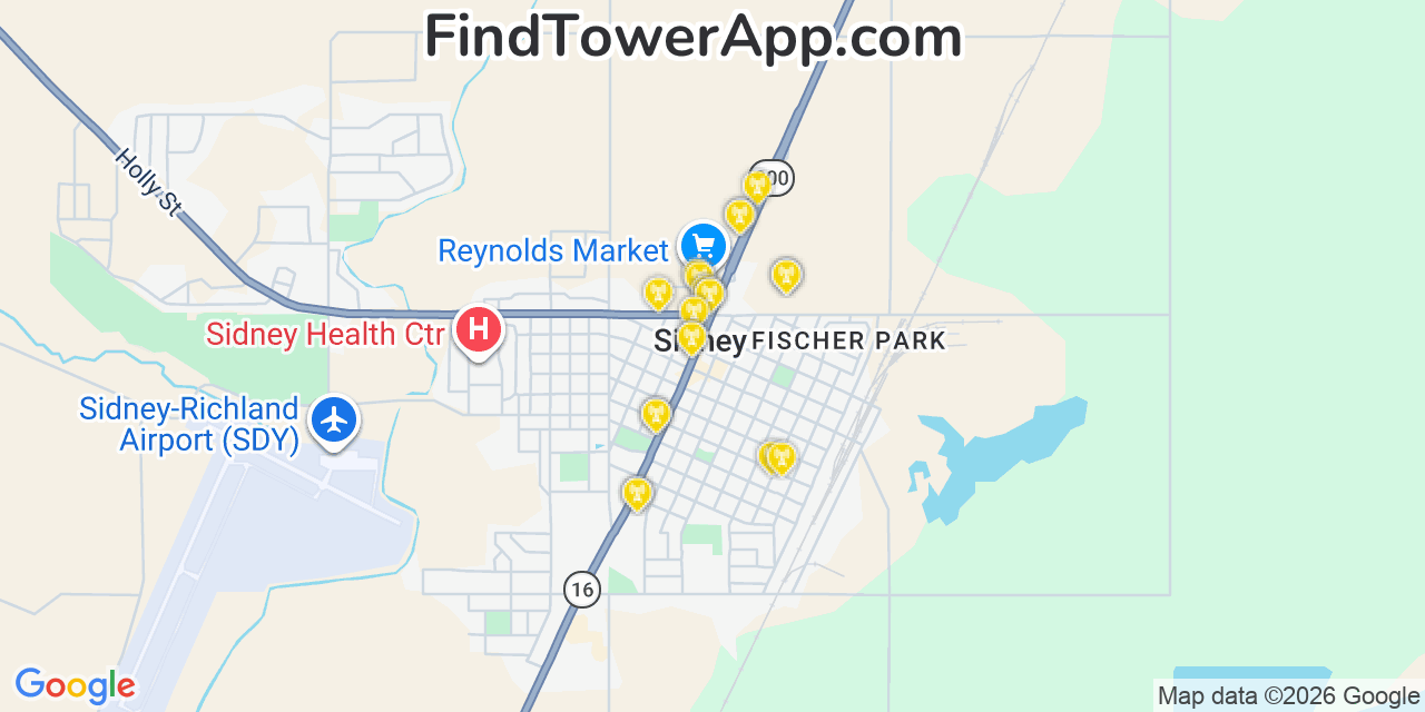 Map showing the 20 primary cell tower locations detected in Sidney, Montana from AT&T, Verizon, and T-Mobile networks