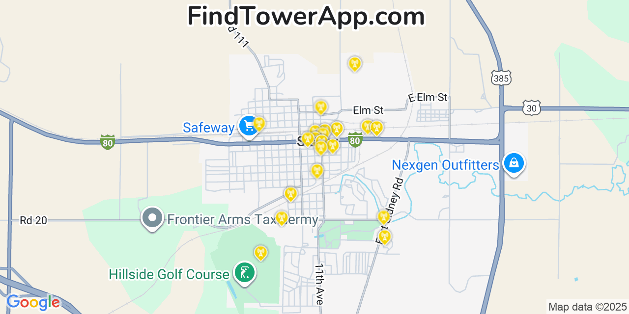 Map showing the 20 primary cell tower locations detected in Sidney, Nebraska from AT&T, Verizon, and T-Mobile networks