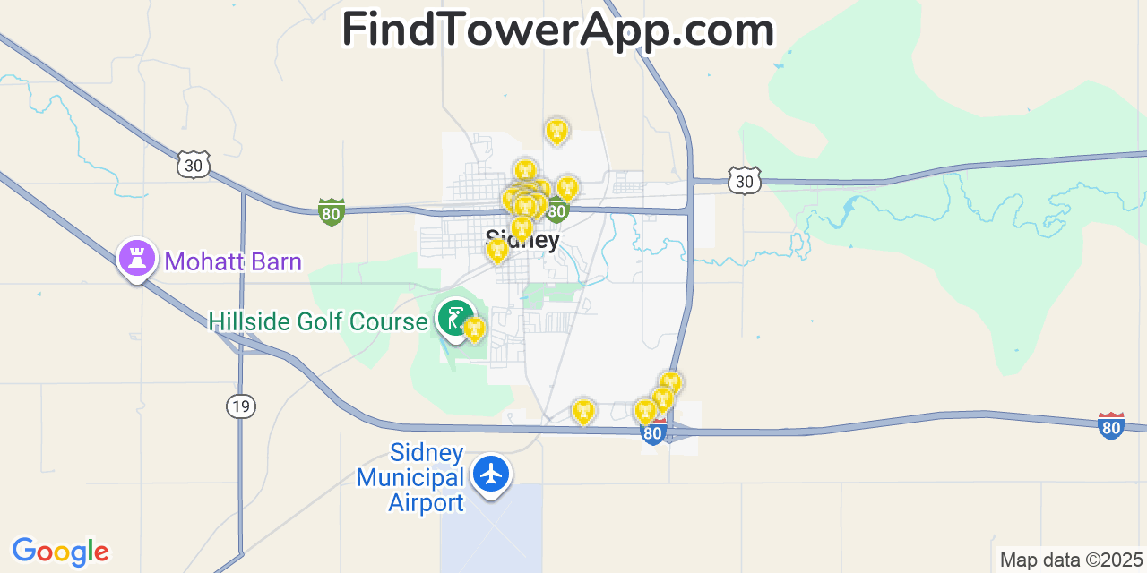 Map showing the 20 primary cell tower locations detected in Sidney, Nebraska from AT&T, Verizon, and T-Mobile networks