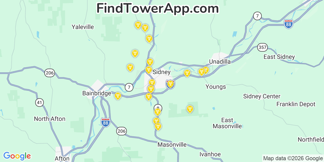 Map showing the 20 primary cell tower locations detected in Sidney, New York from AT&T, Verizon, and T-Mobile networks