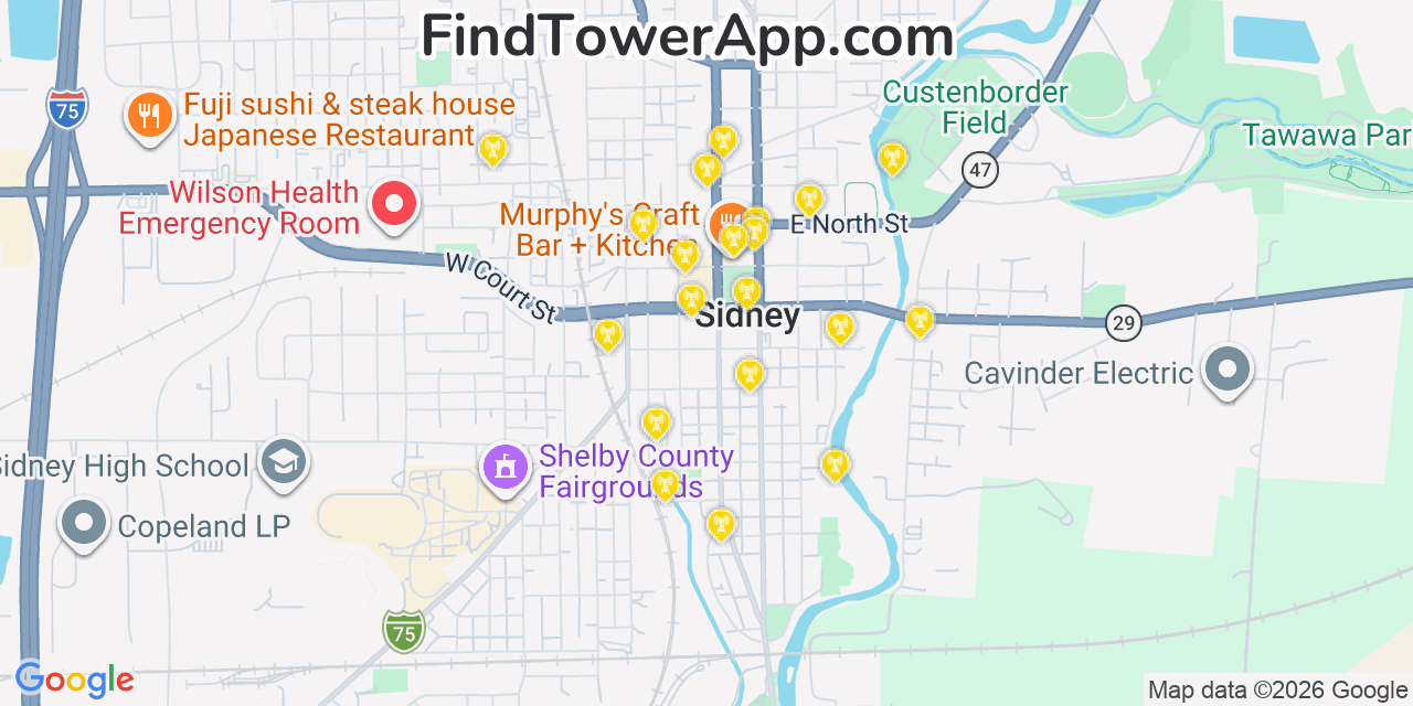 Map showing the 20 primary cell tower locations detected in Sidney, Ohio from AT&T, Verizon, and T-Mobile networks