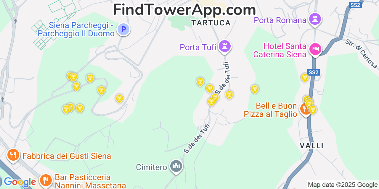 Map showing the 20 primary cell tower locations detected in Siena, Italy with coverage areas and signal strength