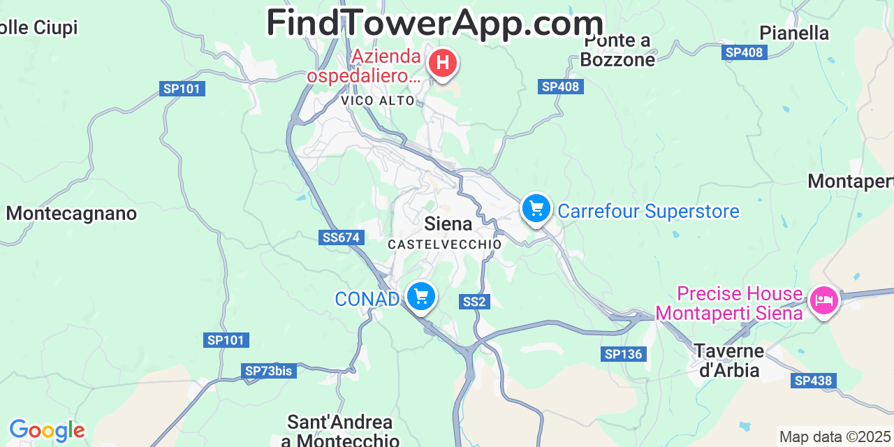 Map showing the 0 primary ho.mobile cell tower locations detected in Siena, Italy with coverage radius and signal strength indicators