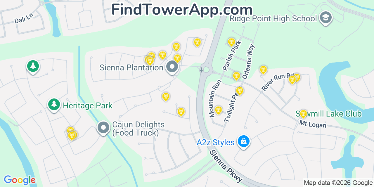Map showing the 20 primary cell tower locations detected in Sienna Plantation, Texas from AT&T, Verizon, and T-Mobile networks